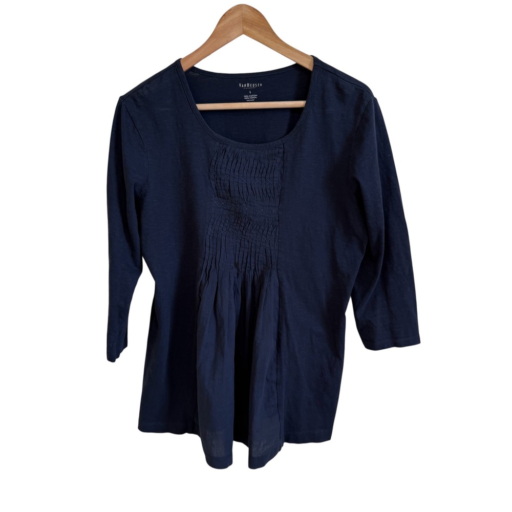 Van Heusen Pleated Top 3/4 Sleeve Scoop Neck Blouse Casual Navy‎ L